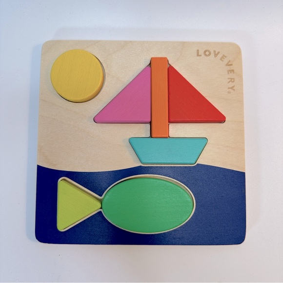 Lovevery Two-Sided Wooden‎ Shape Picture Puzzle Boat Fish House Tree - Picture 1 of 5
